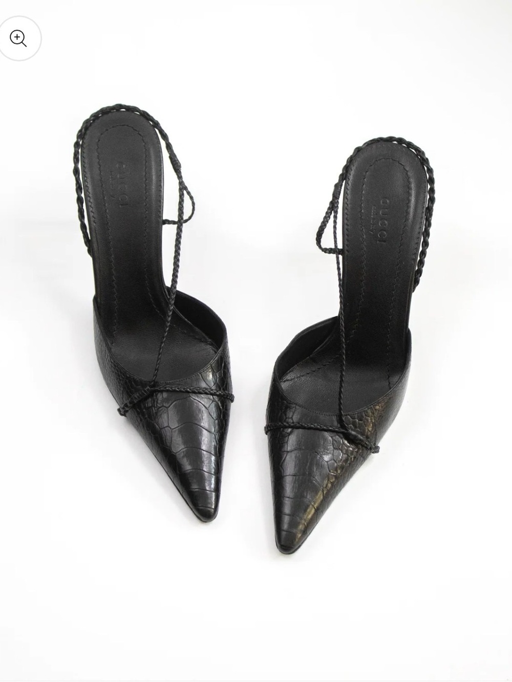 Gucci Black Croc-Embossed Pointed-Toe Slingback Heels